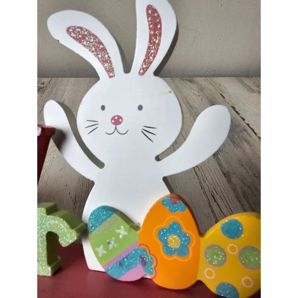 Happy Easter Bunny rabbit sign‎ decor glitter sparkle pastel